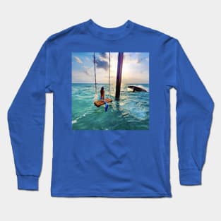 Mermaid on a Swing in the Ocean with Whale Breaching Long Sleeve T-Shirt